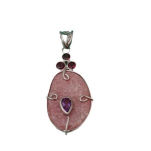 Artisan Sterling Silver, Pink Thulite, Garnet + Amethyst Healing Pendant